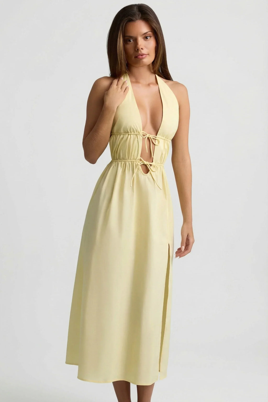 Backless Cotton Poplin Midaxi Dress in Lemon Yellow