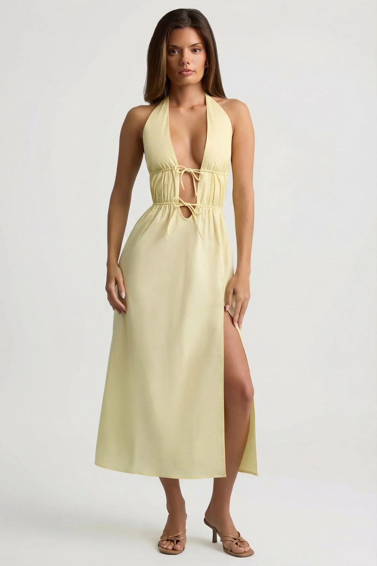 Backless Cotton Poplin Midaxi Dress in Lemon Yellow
