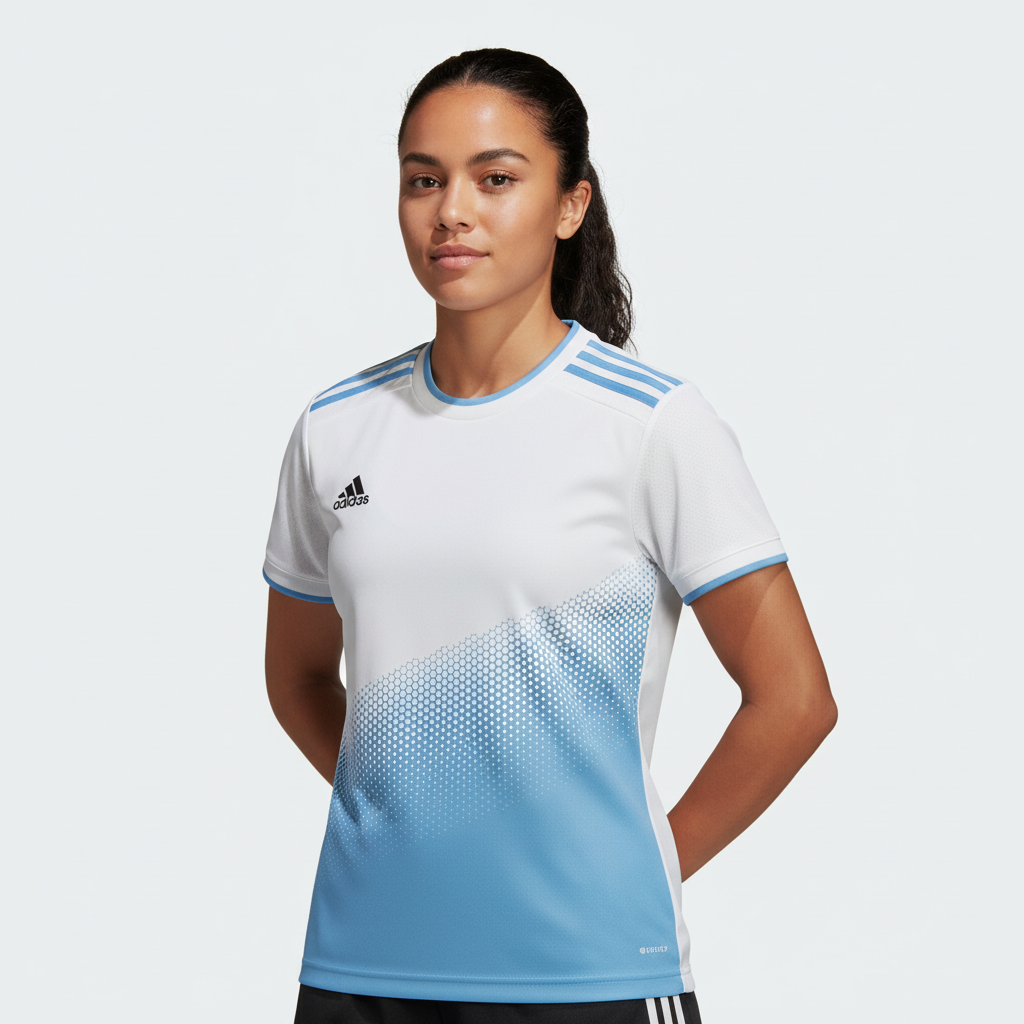 adidas Micomp Soccer Jersey White/Sky Youth and Women product image 1, provided for visual reference and product detail