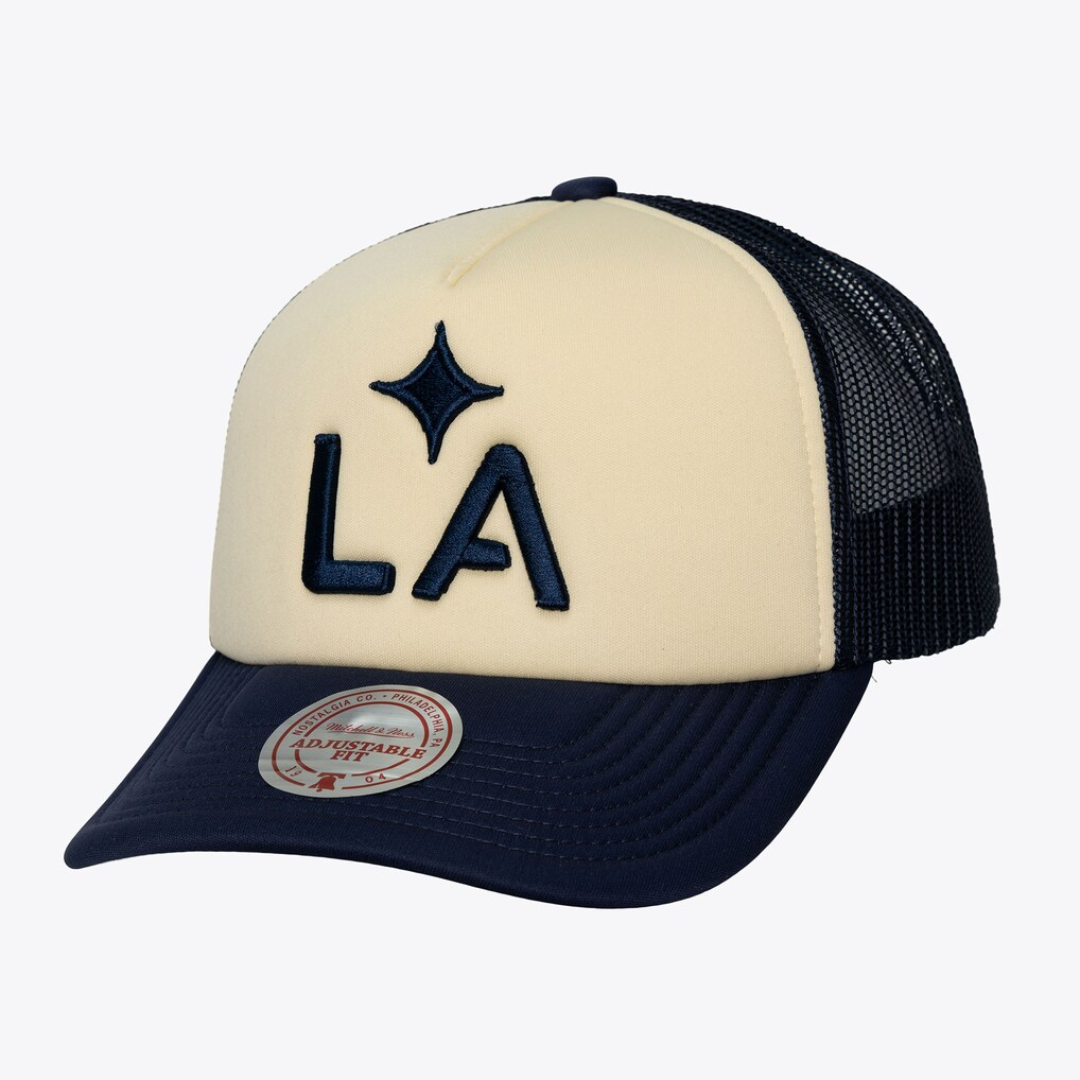 Mitchell and Ness LA Galaxy Trucker Hat product image 1, provided for visual reference and product detail review